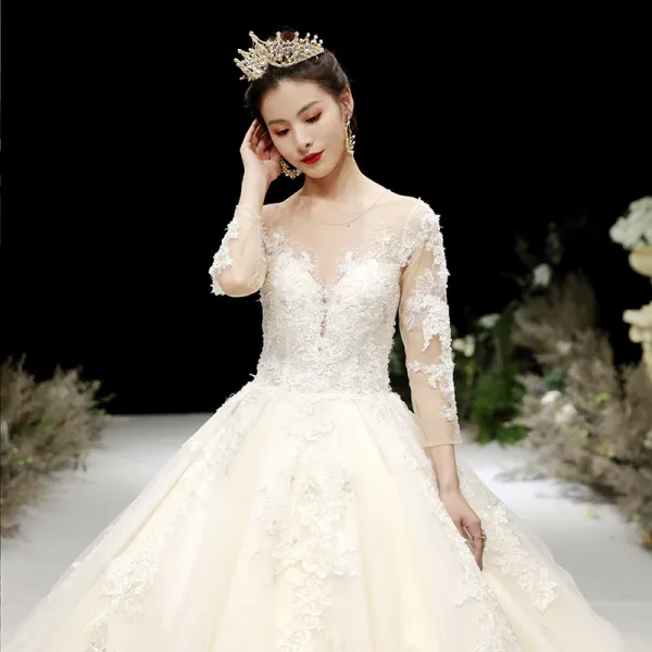 Charming Champagne See-through Wedding Dresses 2020 Ball Gown Scoop Neck 3/4 Sleeve Appliques Lace Beading Glitter Tulle Cathedral Train Ruffle