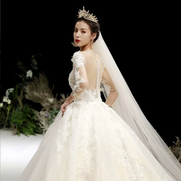 Charming Champagne See-through Wedding Dresses 2020 Ball Gown Scoop Neck 3/4 Sleeve Appliques Lace Beading Glitter Tulle Cathedral Train Ruffle