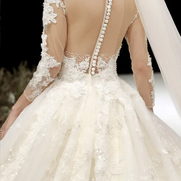Charming Champagne See-through Wedding Dresses 2020 Ball Gown Scoop Neck 3/4 Sleeve Appliques Lace Beading Glitter Tulle Cathedral Train Ruffle