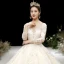 Charming Champagne See-through Wedding Dresses 2020 Ball Gown Scoop Neck 3/4 Sleeve Appliques Lace Beading Glitter Tulle Cathedral Train Ruffle