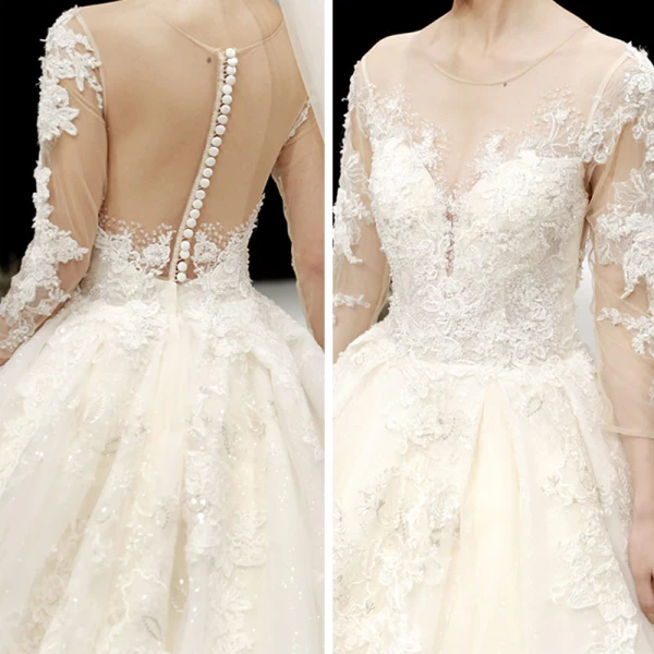Charming Champagne See-through Wedding Dresses 2020 Ball Gown Scoop Neck 3/4 Sleeve Appliques Lace Beading Glitter Tulle Cathedral Train Ruffle