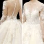 Charming Champagne See-through Wedding Dresses 2020 Ball Gown Scoop Neck 3/4 Sleeve Appliques Lace Beading Glitter Tulle Cathedral Train Ruffle