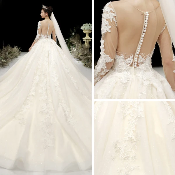 Charming Champagne See-through Wedding Dresses 2020 Ball Gown Scoop Neck 3/4 Sleeve Appliques Lace Beading Glitter Tulle Cathedral Train Ruffle