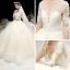 Charming Champagne See-through Wedding Dresses 2020 Ball Gown Scoop Neck 3/4 Sleeve Appliques Lace Beading Glitter Tulle Cathedral Train Ruffle