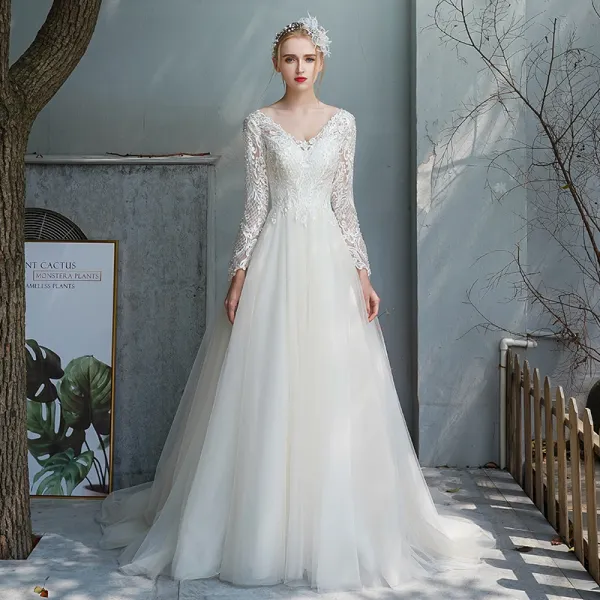 Affordable Champagne Outdoor / Garden Wedding Dresses 2020 A-Line / Princess V-Neck Long Sleeve Backless Pierced Appliques Lace Beading Pearl Sweep Train Ruffle