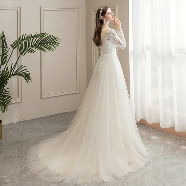 Affordable Champagne Outdoor / Garden Wedding Dresses 2020 A-Line / Princess V-Neck Long Sleeve Backless Pierced Appliques Lace Beading Pearl Sweep Train Ruffle