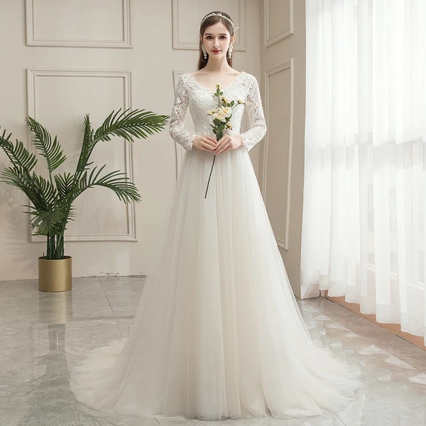 Affordable Champagne Outdoor / Garden Wedding Dresses 2020 A-Line / Princess V-Neck Long Sleeve Backless Pierced Appliques Lace Beading Pearl Sweep Train Ruffle