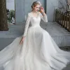 Affordable Champagne Outdoor / Garden Wedding Dresses 2020 A-Line / Princess V-Neck Long Sleeve Backless Pierced Appliques Lace Beading Pearl Sweep Train Ruffle