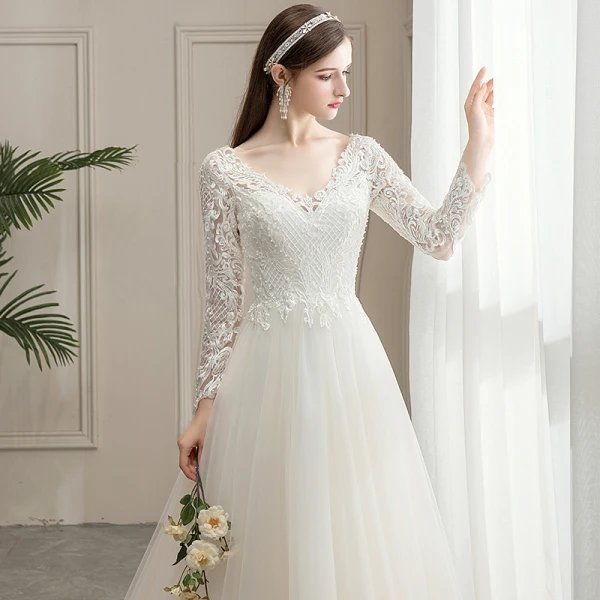 Affordable Champagne Outdoor / Garden Wedding Dresses 2020 A-Line / Princess V-Neck Long Sleeve Backless Pierced Appliques Lace Beading Pearl Sweep Train Ruffle