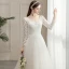 Affordable Champagne Outdoor / Garden Wedding Dresses 2020 A-Line / Princess V-Neck Long Sleeve Backless Pierced Appliques Lace Beading Pearl Sweep Train Ruffle