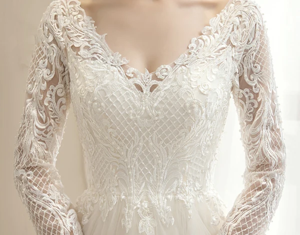 Affordable Champagne Outdoor / Garden Wedding Dresses 2020 A-Line / Princess V-Neck Long Sleeve Backless Pierced Appliques Lace Beading Pearl Sweep Train Ruffle