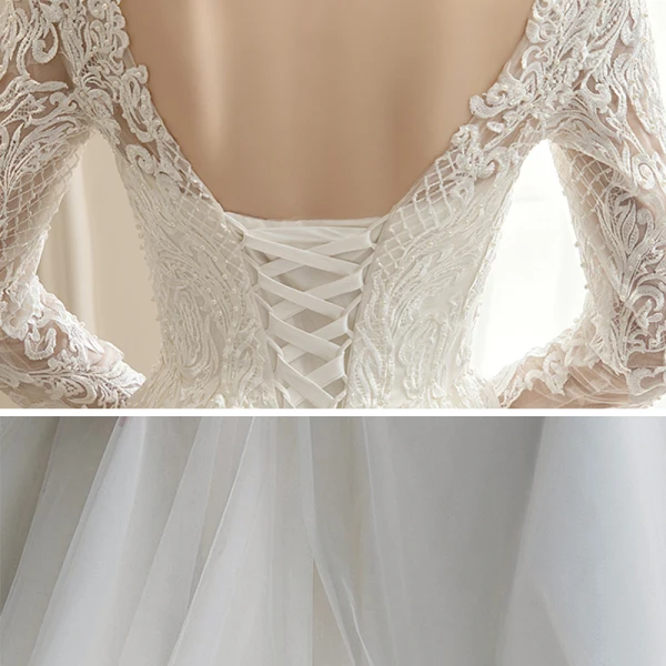 Affordable Champagne Outdoor / Garden Wedding Dresses 2020 A-Line / Princess V-Neck Long Sleeve Backless Pierced Appliques Lace Beading Pearl Sweep Train Ruffle