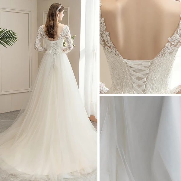 Affordable Champagne Outdoor / Garden Wedding Dresses 2020 A-Line / Princess V-Neck Long Sleeve Backless Pierced Appliques Lace Beading Pearl Sweep Train Ruffle