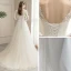 Affordable Champagne Outdoor / Garden Wedding Dresses 2020 A-Line / Princess V-Neck Long Sleeve Backless Pierced Appliques Lace Beading Pearl Sweep Train Ruffle