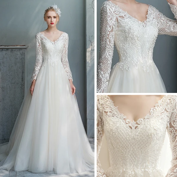 Affordable Champagne Outdoor / Garden Wedding Dresses 2020 A-Line / Princess V-Neck Long Sleeve Backless Pierced Appliques Lace Beading Pearl Sweep Train Ruffle