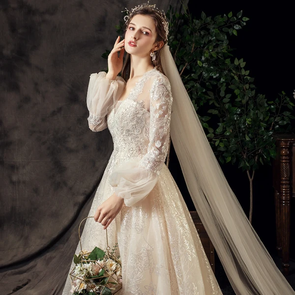 Erschwinglich Garten / Im Freien Champagner Durchsichtige Brautkleider / Hochzeitskleider 2020 A Linie V-Ausschnitt Geschwollenes Lange Ärmel Rückenfreies Glanz Pailletten Tülle Perlenstickerei Sweep / Pinsel Zug Rüschen