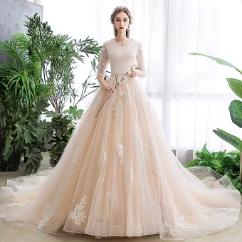 Chic Belle Champagne Robe De Mariée 2020 Princesse V Cou 1 2 Manches Appliques En Dentelle Chapel Train Volants