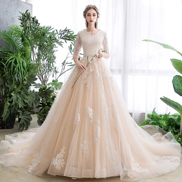 Chic Belle Champagne Robe De Mariée 2020 Princesse V Cou 1 2 Manches Appliques En Dentelle Chapel Train Volants