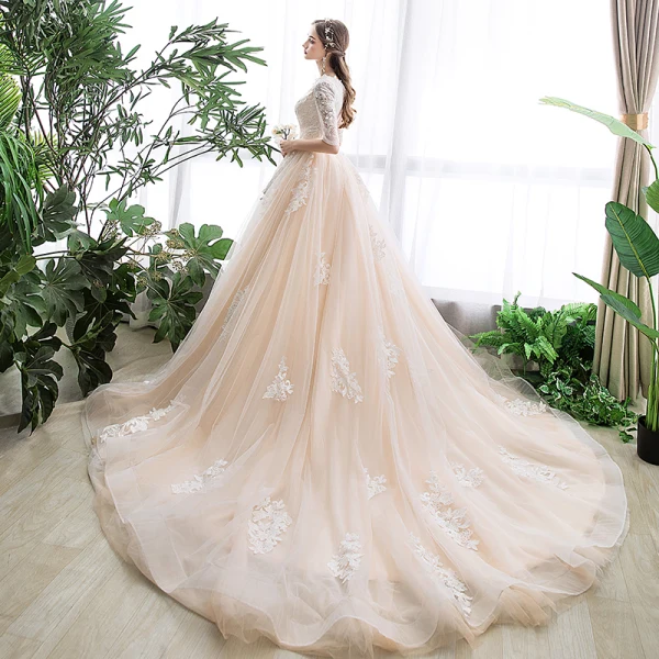 Chic / Beautiful Champagne Wedding Dresses 2020 A-Line / Princess V-Neck 1/2 Sleeves Appliques Lace Chapel Train Ruffle