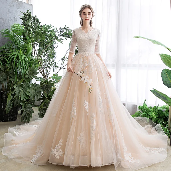 Chic / Beautiful Champagne Wedding Dresses 2020 A-Line / Princess V-Neck 1/2 Sleeves Appliques Lace Chapel Train Ruffle