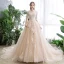 Chic / Beautiful Champagne Wedding Dresses 2020 A-Line / Princess V-Neck 1/2 Sleeves Appliques Lace Chapel Train Ruffle