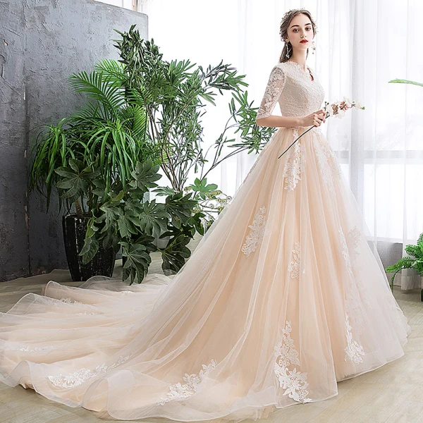 Chic / Beautiful Champagne Wedding Dresses 2020 A-Line / Princess V-Neck 1/2 Sleeves Appliques Lace Chapel Train Ruffle