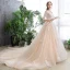 Chic / Beautiful Champagne Wedding Dresses 2020 A-Line / Princess V-Neck 1/2 Sleeves Appliques Lace Chapel Train Ruffle