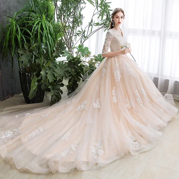 Chic / Beautiful Champagne Wedding Dresses 2020 A-Line / Princess V-Neck 1/2 Sleeves Appliques Lace Chapel Train Ruffle