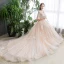 Chic / Beautiful Champagne Wedding Dresses 2020 A-Line / Princess V-Neck 1/2 Sleeves Appliques Lace Chapel Train Ruffle