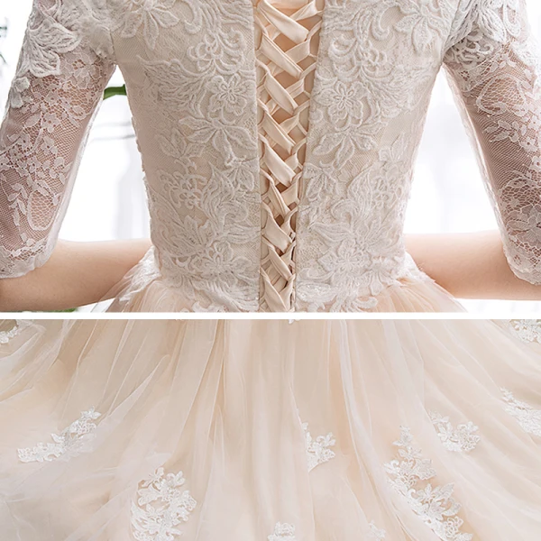 Chic / Beautiful Champagne Wedding Dresses 2020 A-Line / Princess V-Neck 1/2 Sleeves Appliques Lace Chapel Train Ruffle