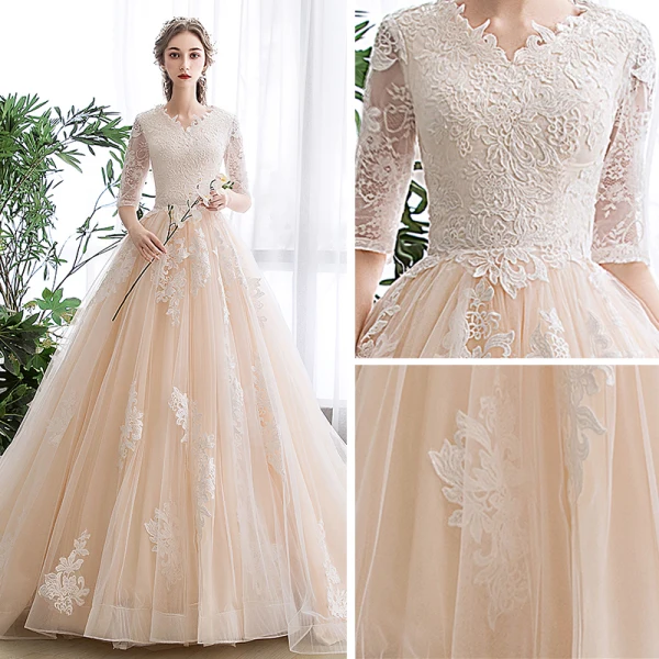 Chic / Beautiful Champagne Wedding Dresses 2020 A-Line / Princess V-Neck 1/2 Sleeves Appliques Lace Chapel Train Ruffle