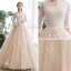 Chic / Beautiful Champagne Wedding Dresses 2020 A-Line / Princess V-Neck 1/2 Sleeves Appliques Lace Chapel Train Ruffle
