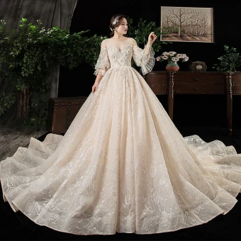 Snygga Fina Champagne Genomskinliga Plus Storlek Bröllopsklänningar 2020 Urringning Pösigt 3 4 Ärm Halterneck Appliqués Spets Beading Cathedral Train Ruffle