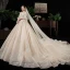 Chic / Belle Champagne Transparentes Grande Taille Robe De Mariée 2020 Encolure Dégagée Gonflée 3/4 Manches Dos Nu Appliques En Dentelle Perlage Cathedral Train Volants