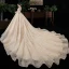 Chic / Belle Champagne Transparentes Grande Taille Robe De Mariée 2020 Encolure Dégagée Gonflée 3/4 Manches Dos Nu Appliques En Dentelle Perlage Cathedral Train Volants