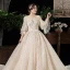 Chic / Belle Champagne Transparentes Grande Taille Robe De Mariée 2020 Encolure Dégagée Gonflée 3/4 Manches Dos Nu Appliques En Dentelle Perlage Cathedral Train Volants