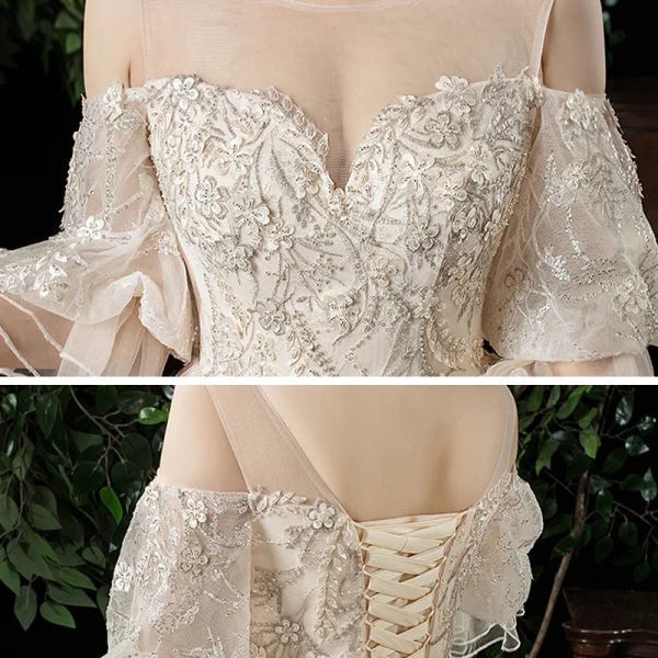 Chic / Belle Champagne Transparentes Grande Taille Robe De Mariée 2020 Encolure Dégagée Gonflée 3/4 Manches Dos Nu Appliques En Dentelle Perlage Cathedral Train Volants