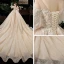 Chic / Belle Champagne Transparentes Grande Taille Robe De Mariée 2020 Encolure Dégagée Gonflée 3/4 Manches Dos Nu Appliques En Dentelle Perlage Cathedral Train Volants