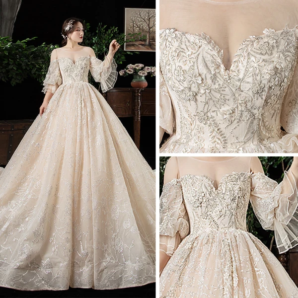 Chic / Belle Champagne Transparentes Grande Taille Robe De Mariée 2020 Encolure Dégagée Gonflée 3/4 Manches Dos Nu Appliques En Dentelle Perlage Cathedral Train Volants