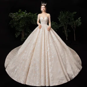Fabulous Champagne See Through Star Wedding Dresses 2020 Ball Gown Square Neckline Long Sleeve Backless Glitter Tulle Handmade Beading Cathedral Train Ruffle