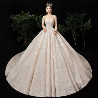Fabulous Champagne See Through Star Wedding Dresses 2020 Ball Gown Square Neckline Long Sleeve Backless Glitter Tulle Handmade Beading Cathedral Train Ruffle