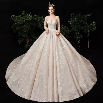 Fabuleux Champagne Transparentes Étoile Robe De Mariée 2020 Robe Boule Encolure Carrée Manches Longues Dos Nu Glitter Tulle Fait Main Perlage Cathedral Train Volants
