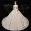 Fabuleux Champagne Transparentes Étoile Robe De Mariée 2020 Robe Boule Encolure Carrée Manches Longues Dos Nu Glitter Tulle Fait main Perlage Cathedral Train Volants