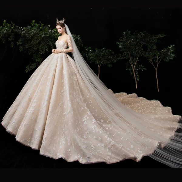 Fabuleux Champagne Transparentes Étoile Robe De Mariée 2020 Robe Boule Encolure Carrée Manches Longues Dos Nu Glitter Tulle Fait main Perlage Cathedral Train Volants