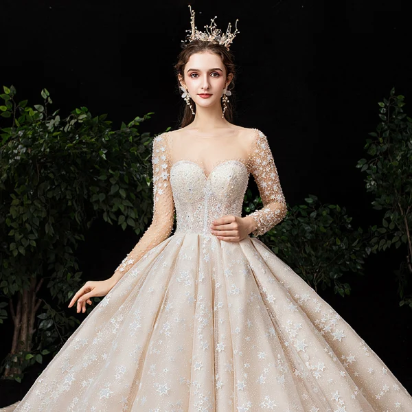 Fabuleux Champagne Transparentes Étoile Robe De Mariée 2020 Robe Boule Encolure Carrée Manches Longues Dos Nu Glitter Tulle Fait main Perlage Cathedral Train Volants