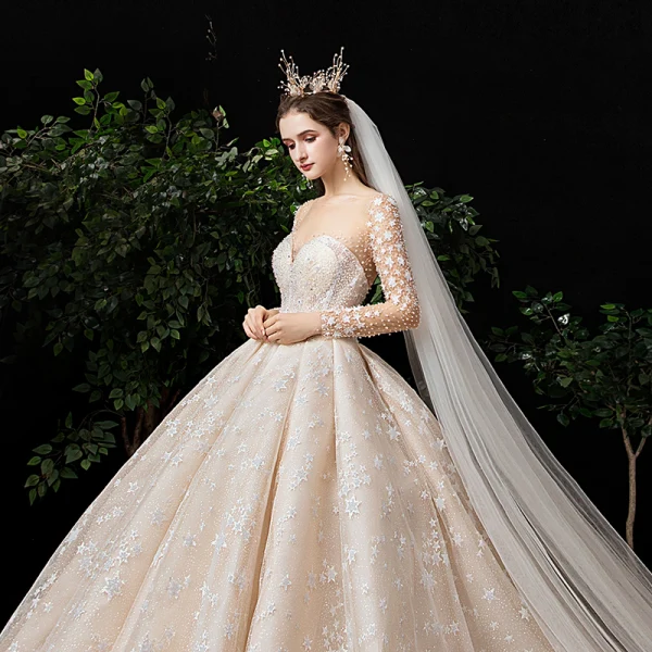 Fabuleux Champagne Transparentes Étoile Robe De Mariée 2020 Robe Boule Encolure Carrée Manches Longues Dos Nu Glitter Tulle Fait main Perlage Cathedral Train Volants