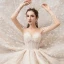 Fabuleux Champagne Transparentes Étoile Robe De Mariée 2020 Robe Boule Encolure Carrée Manches Longues Dos Nu Glitter Tulle Fait main Perlage Cathedral Train Volants
