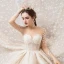 Fabuleux Champagne Transparentes Étoile Robe De Mariée 2020 Robe Boule Encolure Carrée Manches Longues Dos Nu Glitter Tulle Fait main Perlage Cathedral Train Volants