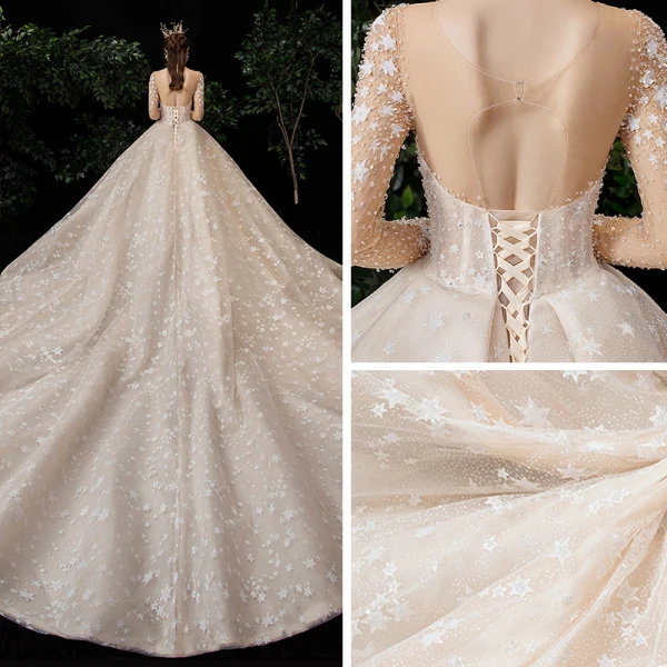 Fabuleux Champagne Transparentes Étoile Robe De Mariée 2020 Robe Boule Encolure Carrée Manches Longues Dos Nu Glitter Tulle Fait main Perlage Cathedral Train Volants