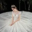 Meilleur Champagne Dentelle Robe De Mariée 2020 Robe Boule Transparentes Encolure Carrée Manches Courtes Appliques En Dentelle Perlage Chapel Train Volants